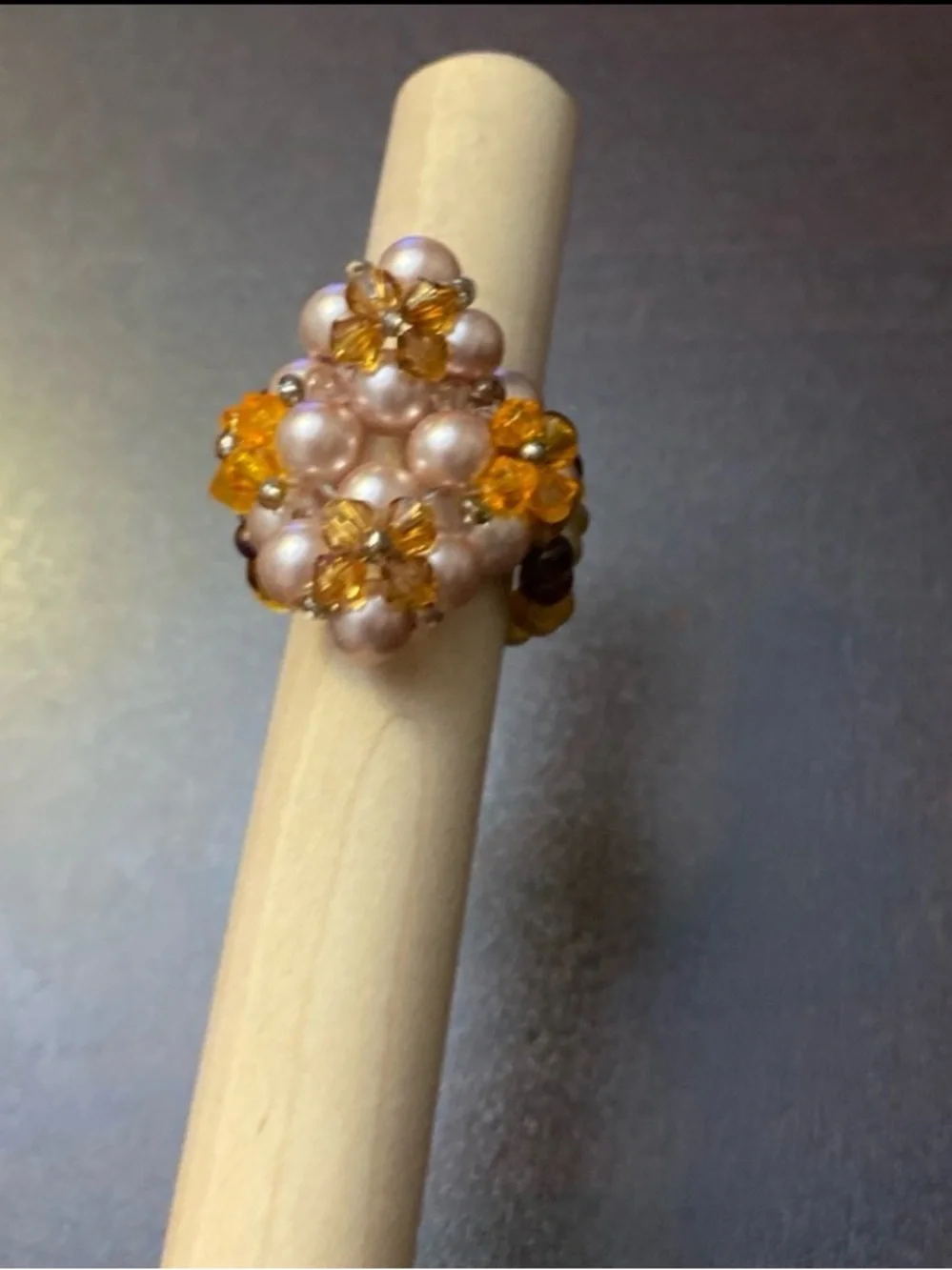 Pink Pearl and Amber Bead Cluster Ring